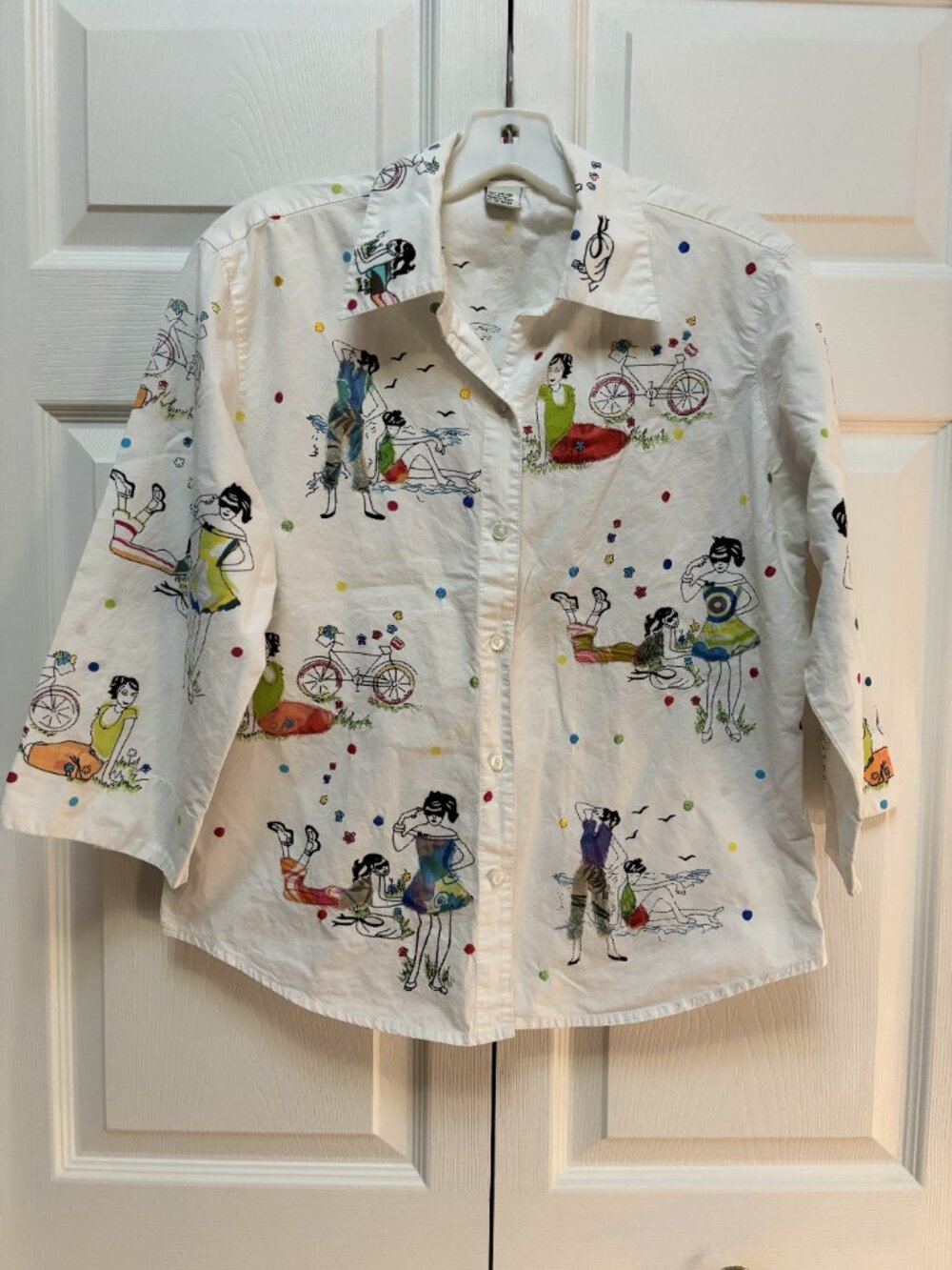 Bamboo Traders Embroidered Whimsical Art Shirt Blouse Cotton M
